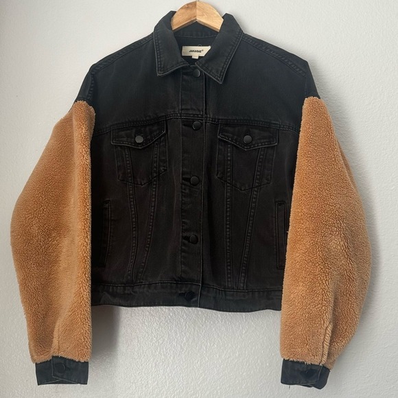 Jak & Rae Saks 5th Ave Tan Sherpa Sleeved Black Denim Trucker Jacket Size Large - Picture 7 of 13